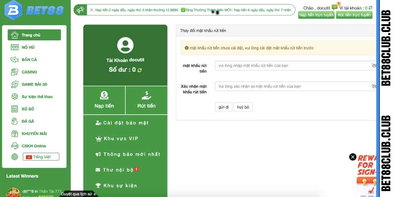 Cài đặt mật khẩu rút tiền bet88